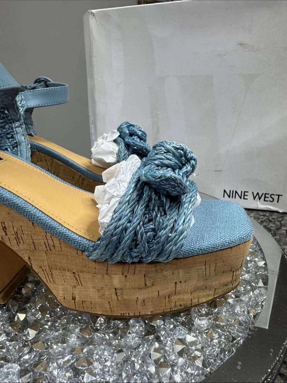 Nine West Comiele Light Blue Braided Cork Platform Sandals NEW 8.5